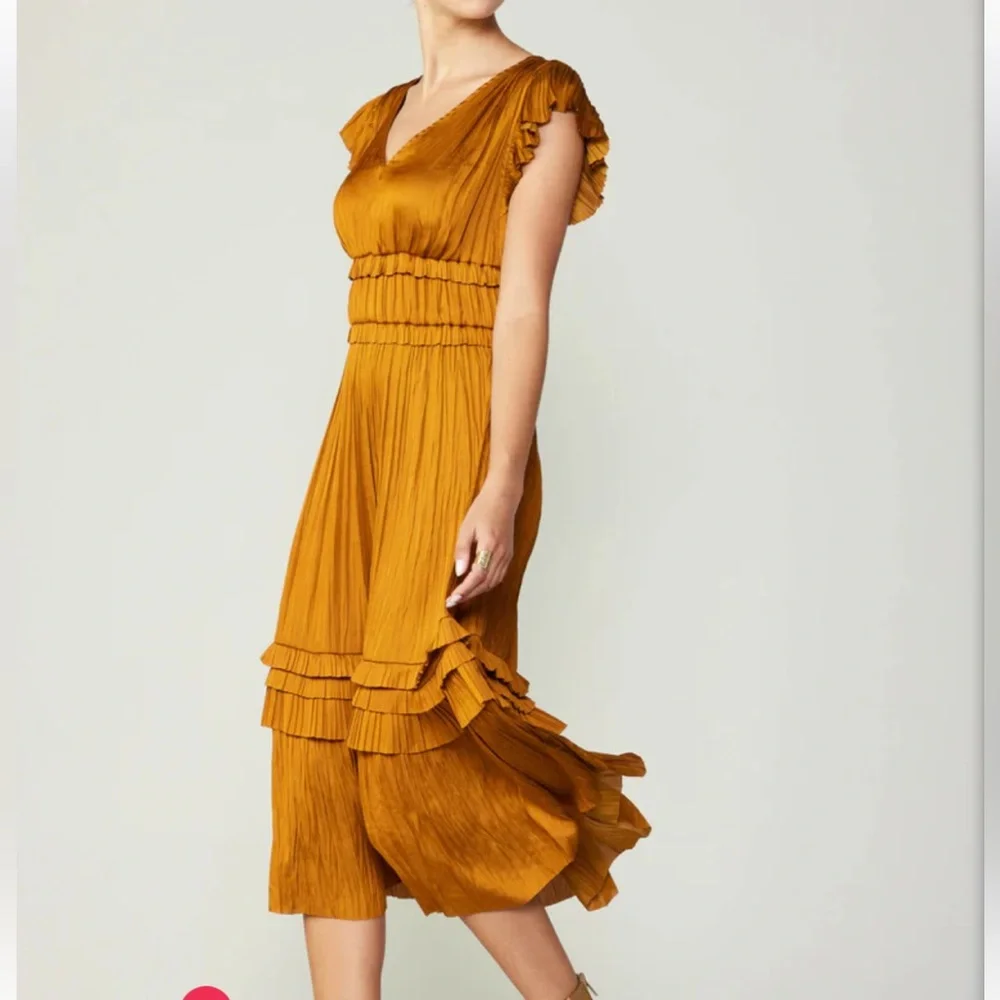 Roan + Ryan Talulah V-Neck Casual Ruffle Midi Dress Women's Yellow Gold - Picture 3 of 13